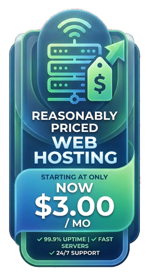 Vertical blue and green badge illustrating reasonably priced hosting packages, with a server icon quoting a starting price of $3.00 per month.